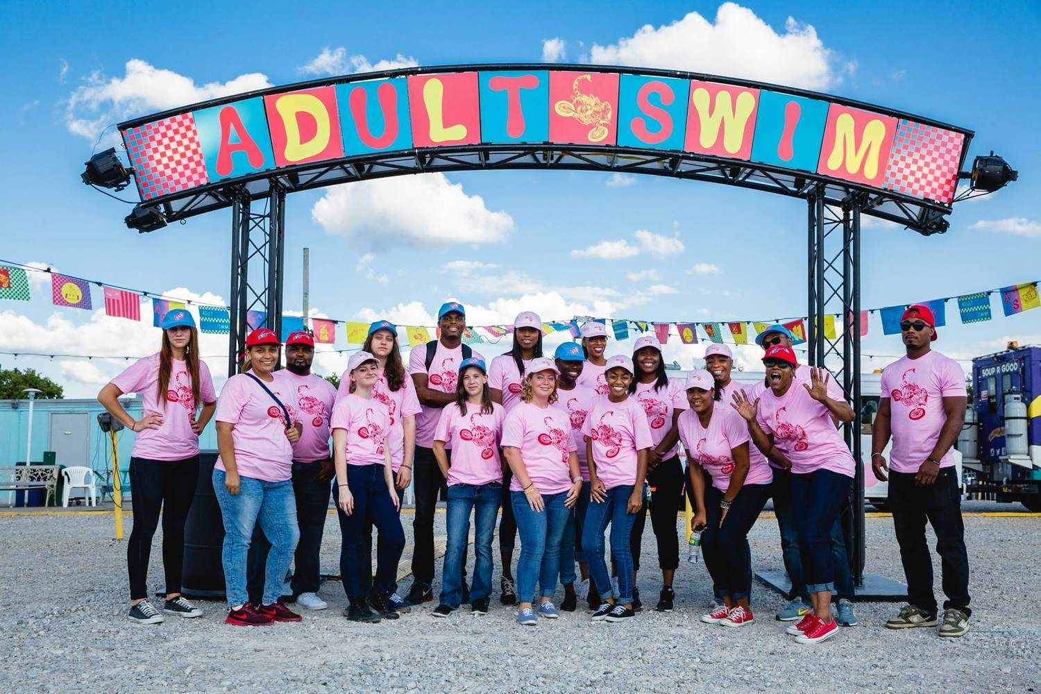 Adult Swim Drive-In signs and staff merchandise