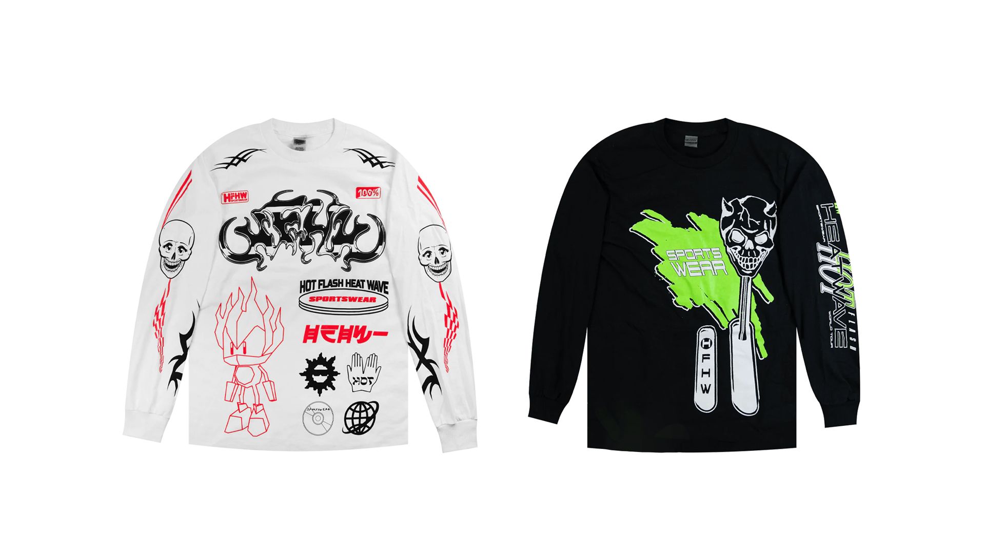 Hot flash Heat Wave graphic long-sleeve tees in black and white flat-lays