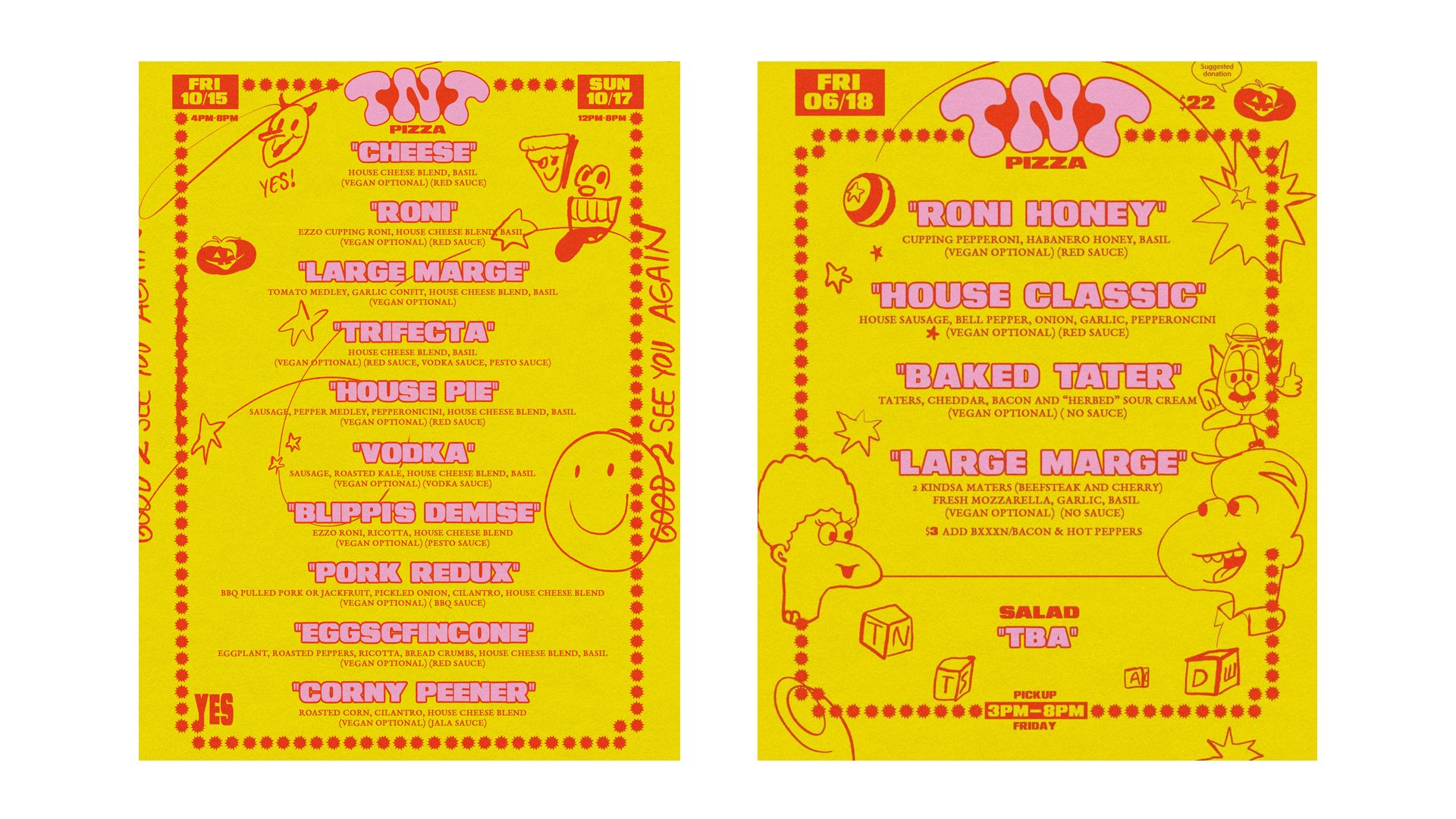 TNT Pizza yellow menus from the Brand Identity & Packaging project