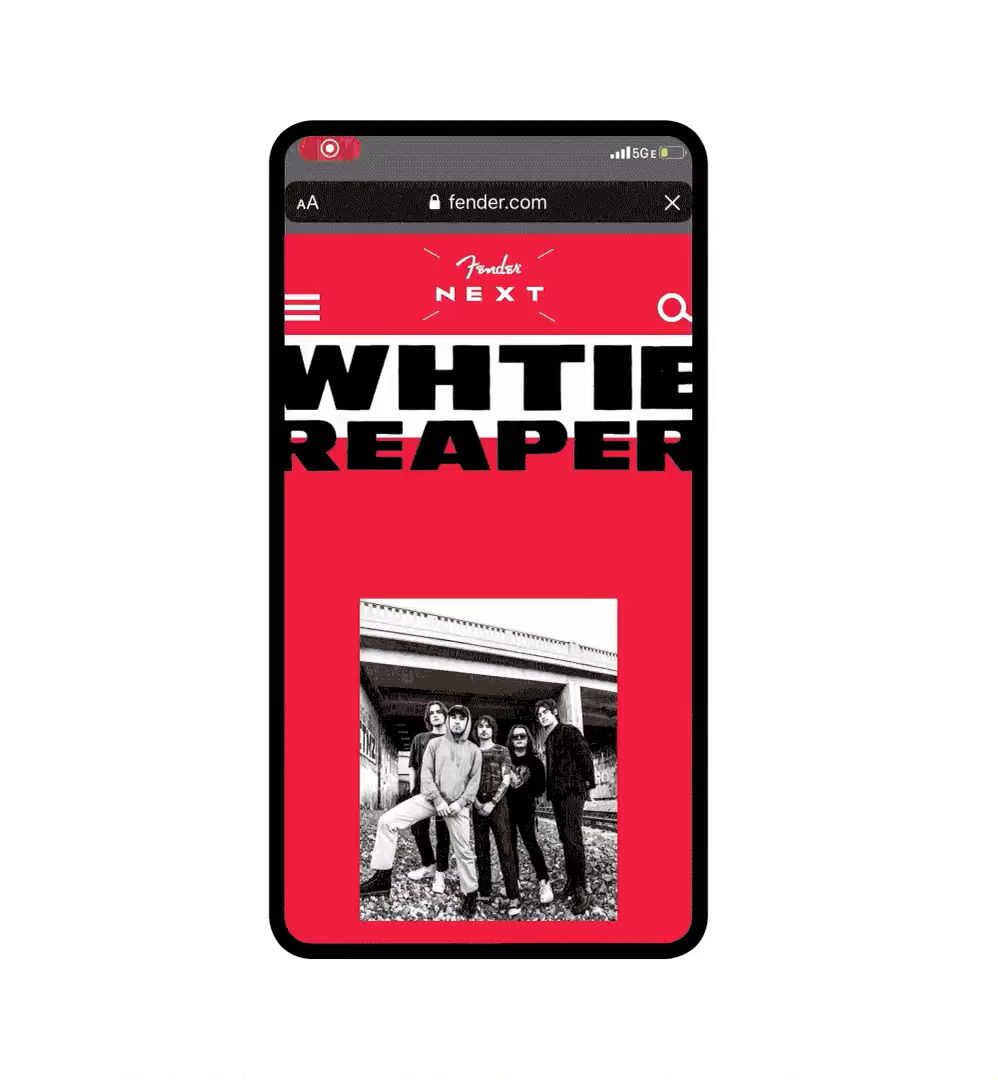 Fender Next editorial blog landing page design on a mobile device