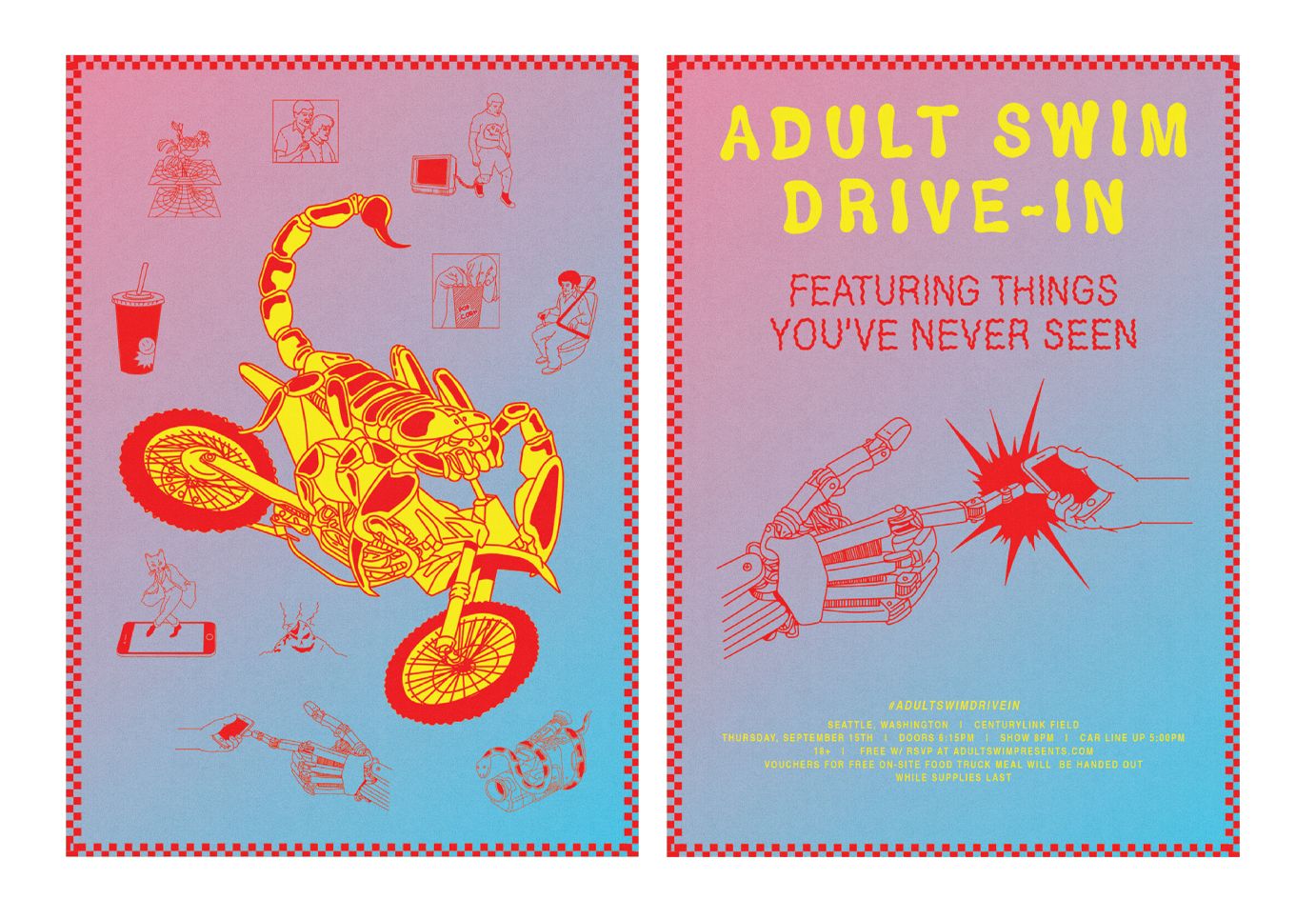 Adult Swim Drive-In flyer media reads: featuring things you've never seen