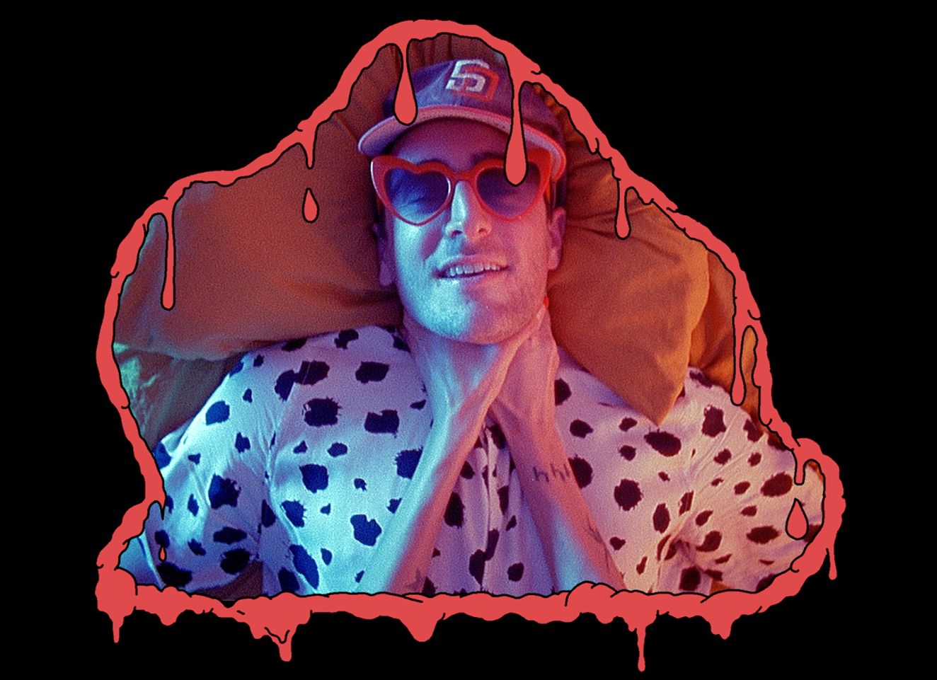 Hether photo of the artist being choked masked in an illustrated slime border