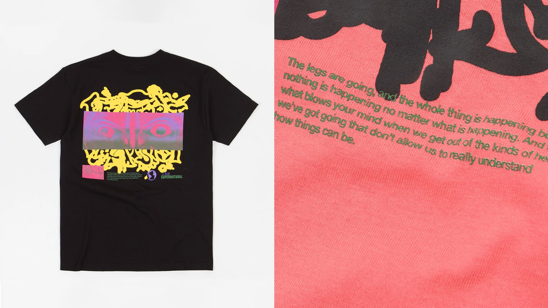 Flatspot AW21 Collection graphic tee in black flat-lay and close up